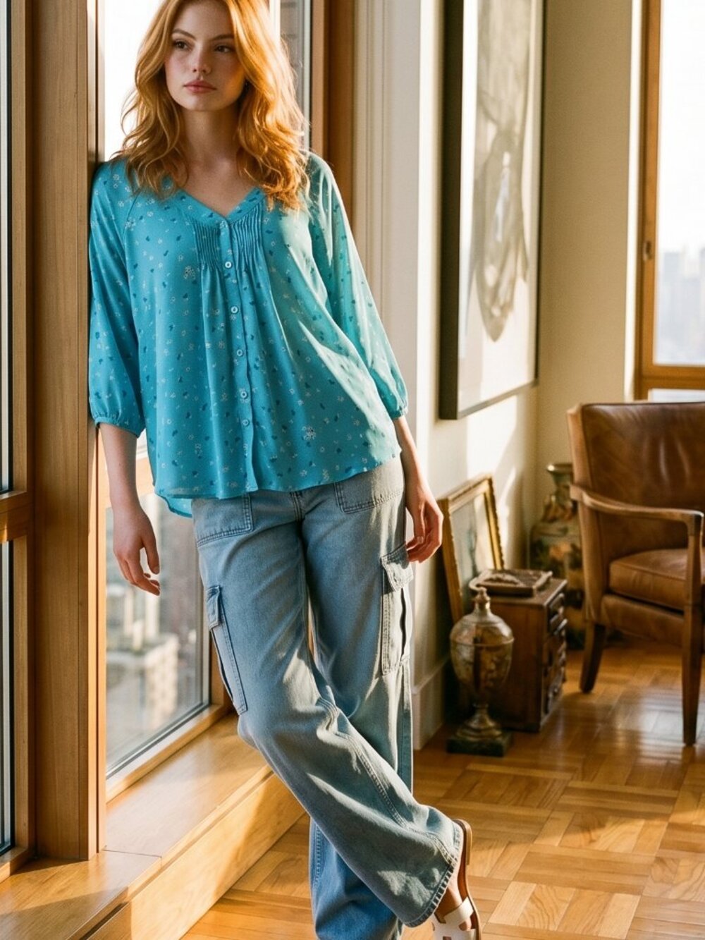 LC Lauren Conrad Women's Sz L Turquoise Blue Floral Semi-Sheer Blouse 3/4 Sleeve